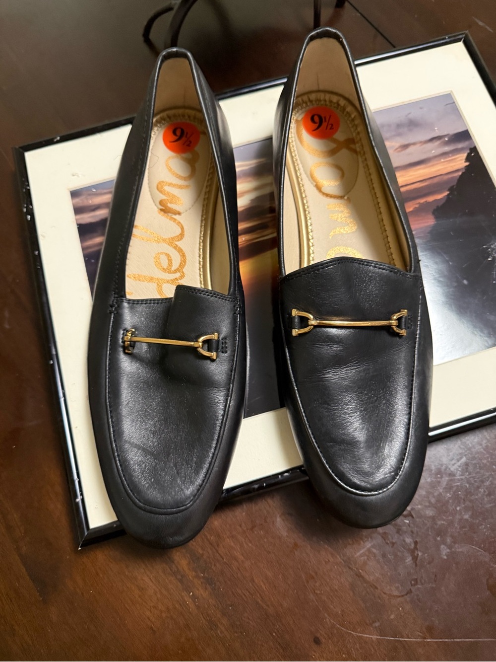 Sam Edelman Black Leather Espadrille-Style Loafers with Gold Accent